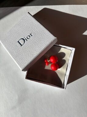 Dior Red Matte Double Ball Drop Earrings with Gold Hardware